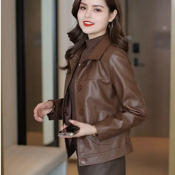 جاكيت نسائي قصير من الجلد الصناعي بتصميم شبابي جديد للخريف والشتاء، جاكيت كاجوال بتصميم عصري وياقة مطوية بلون موحد.