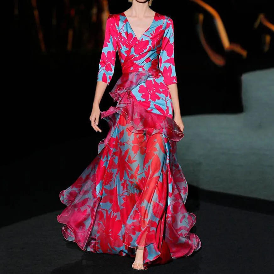 

Красное женское летнее платье с V-образным вырезом, длинными рукавами, цветочным принтом, средней талией, А-силуэта, повседневное, в уличном стиле