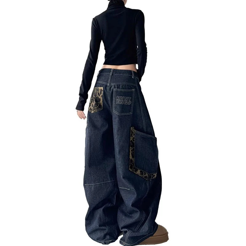 Dark Wash Oversized Denim Pants With Leopard Print Patches & Letter Embroidery High Waist Wide Leg Streetwear Jeans For Women