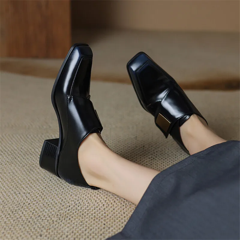 2024 New Spring Summer Split Leather Loafers French Square Toe Chunky Heels Shoes for Women Zaptos Mujer Casual Women Pumps