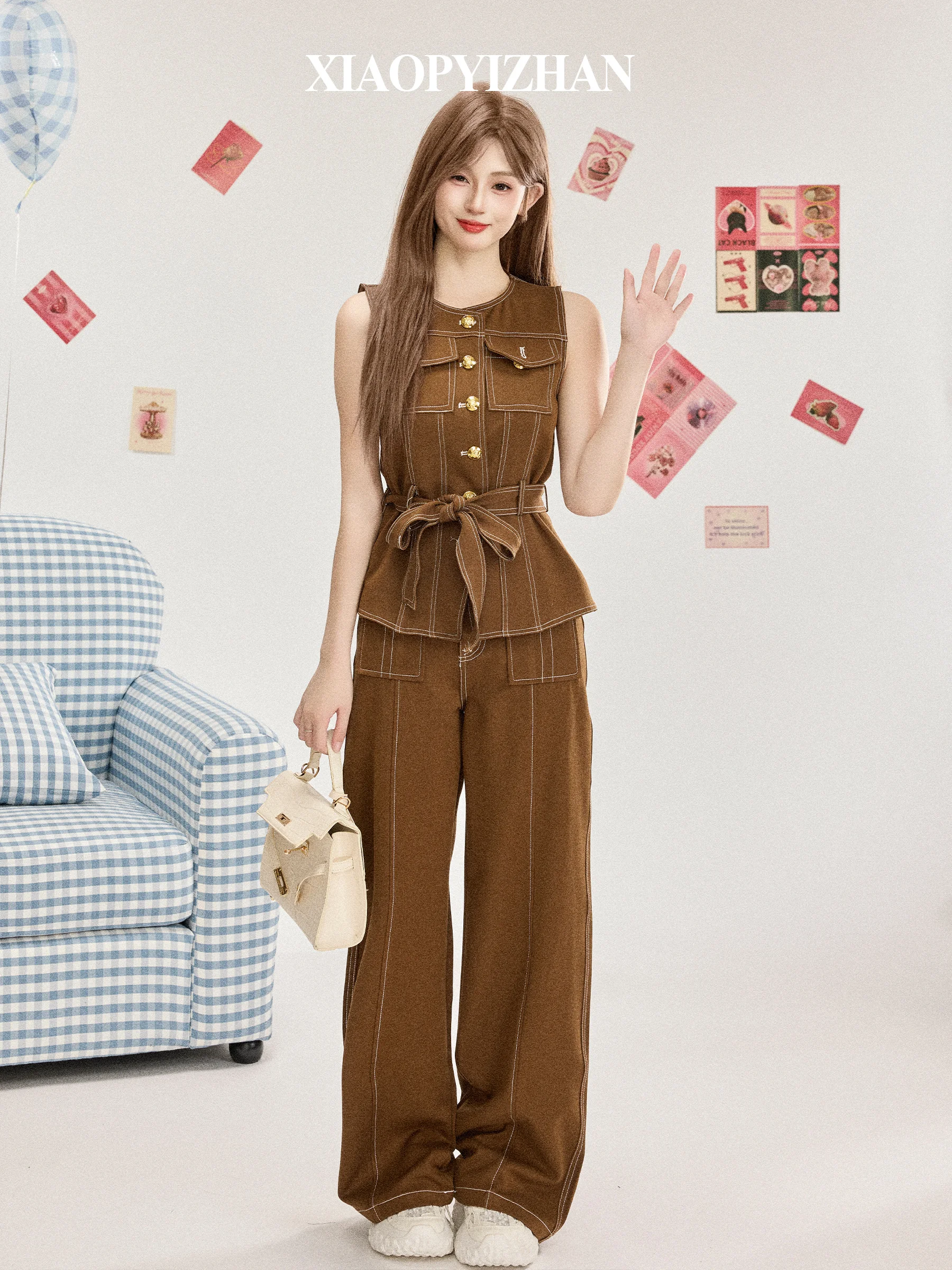 Ele Denim Set المرأة أوائل الخريف الخصر مقصوص Svel سترة مستقيمة الساق السراويل قطعتين دعوى عالية الخصر السراويل بعقب... #1