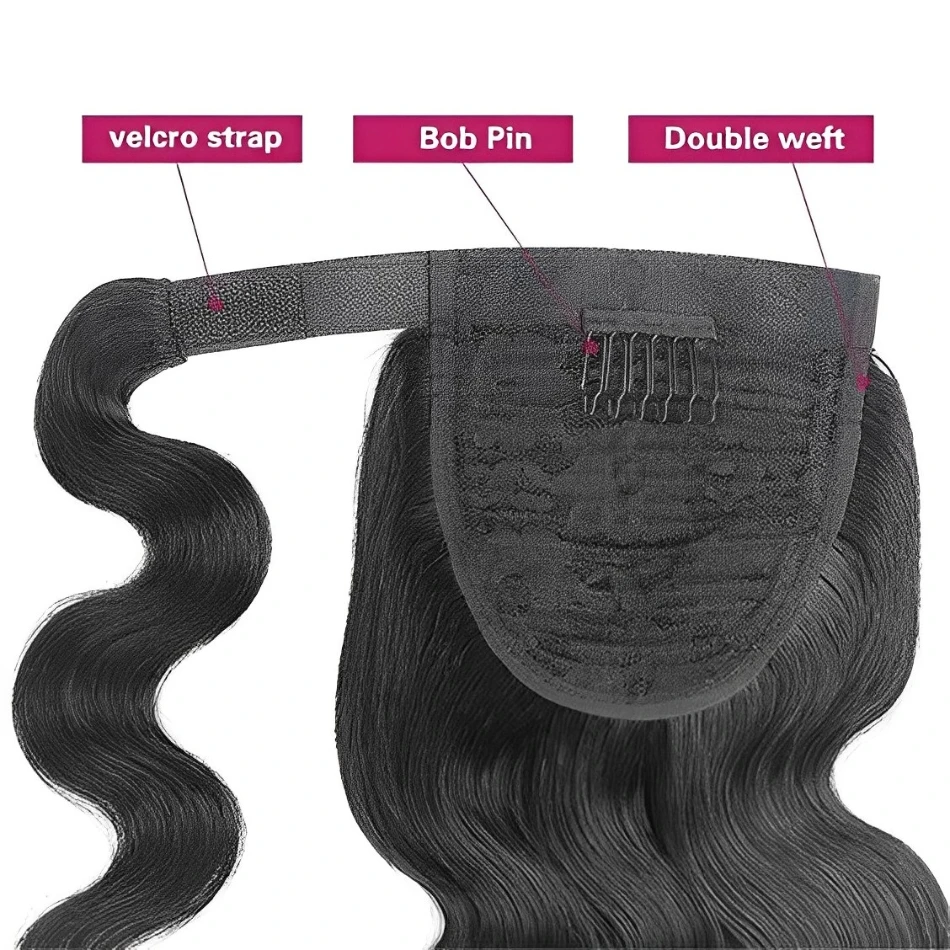 Cola de Caballo envolvente para mujer, cabello humano brasileño, extensiones de cola de caballo de pasta mágica, cabello Remy ondulado