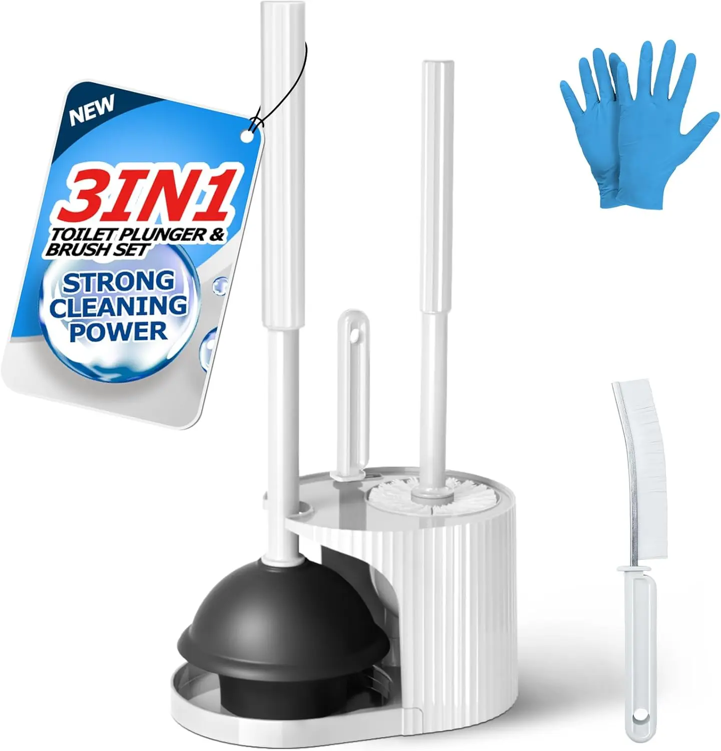 

3-in-1 Toilet Brush and Plunger Set, Bathroom Cleaning Tools with Crevice Brush, White