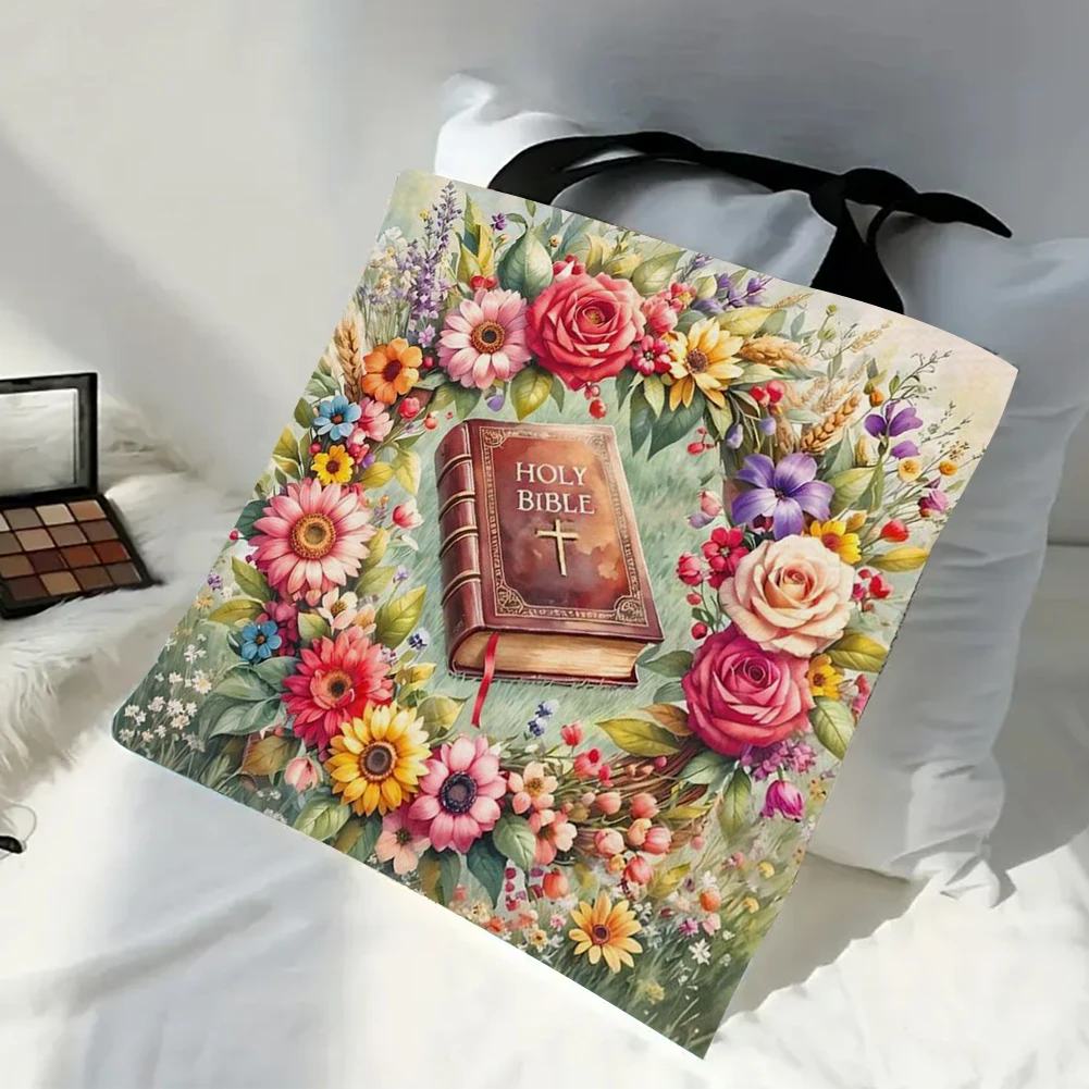 กระเป๋าผ้าลินินความจุขนาดใหญ่ดอกไม้ 4 ชิ้น