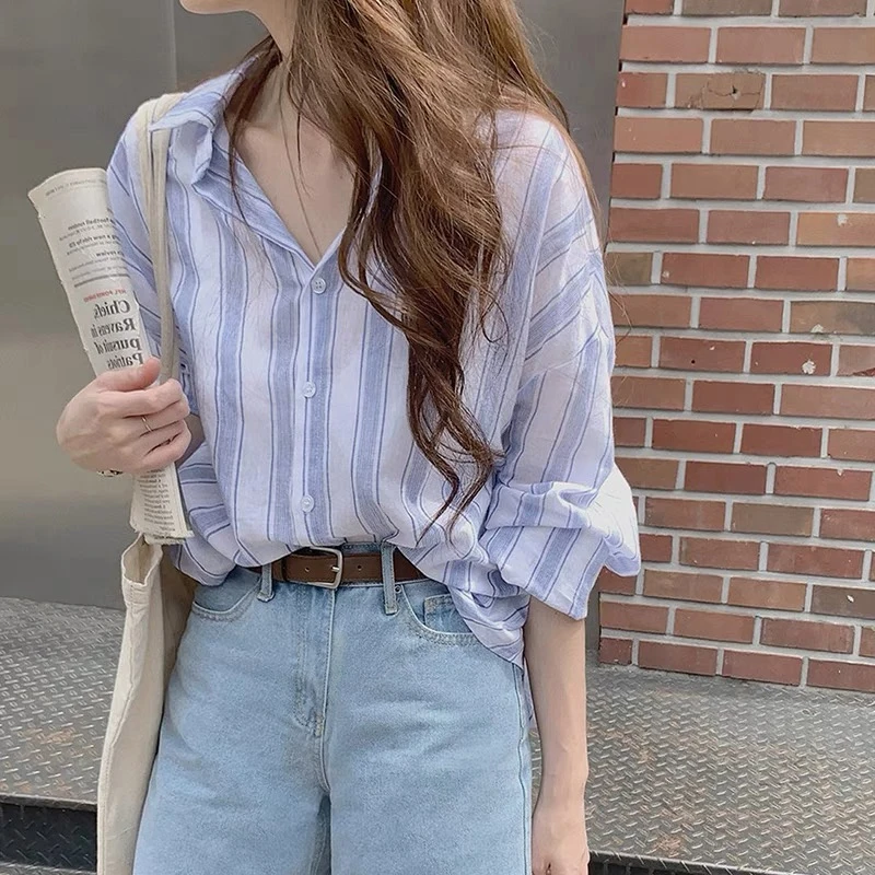 Ladies' Blue White Vertical Stripes irt Summer 202 New Sle Long Sve Mid-Length Sun Protection Collar Blouse
