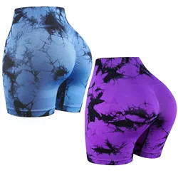 CHRLEISURE 2-Pieces Tie-Dye Yoga Shorts for Women Sexy Hip Lift Cycling Tights Fitness Exercise Running Shorts Casual Activewear