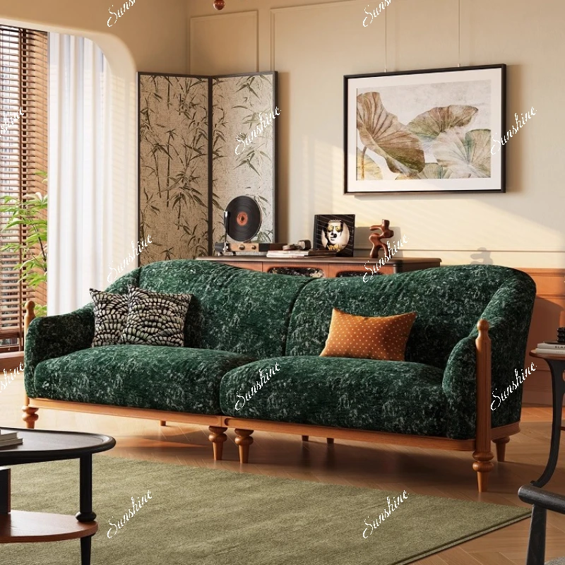 

French retro solid wood fabric sofa living room small apartment, straight row