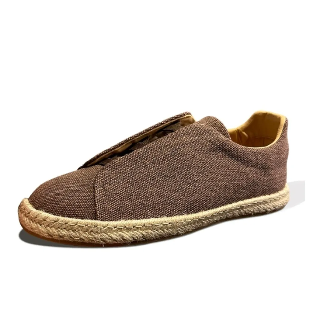 Men's Brown Linen Slip‑on Espadrilles Casual Shoes, Woven Rope Sole, Breathable Fabric Upper, Daily Walking Shoes