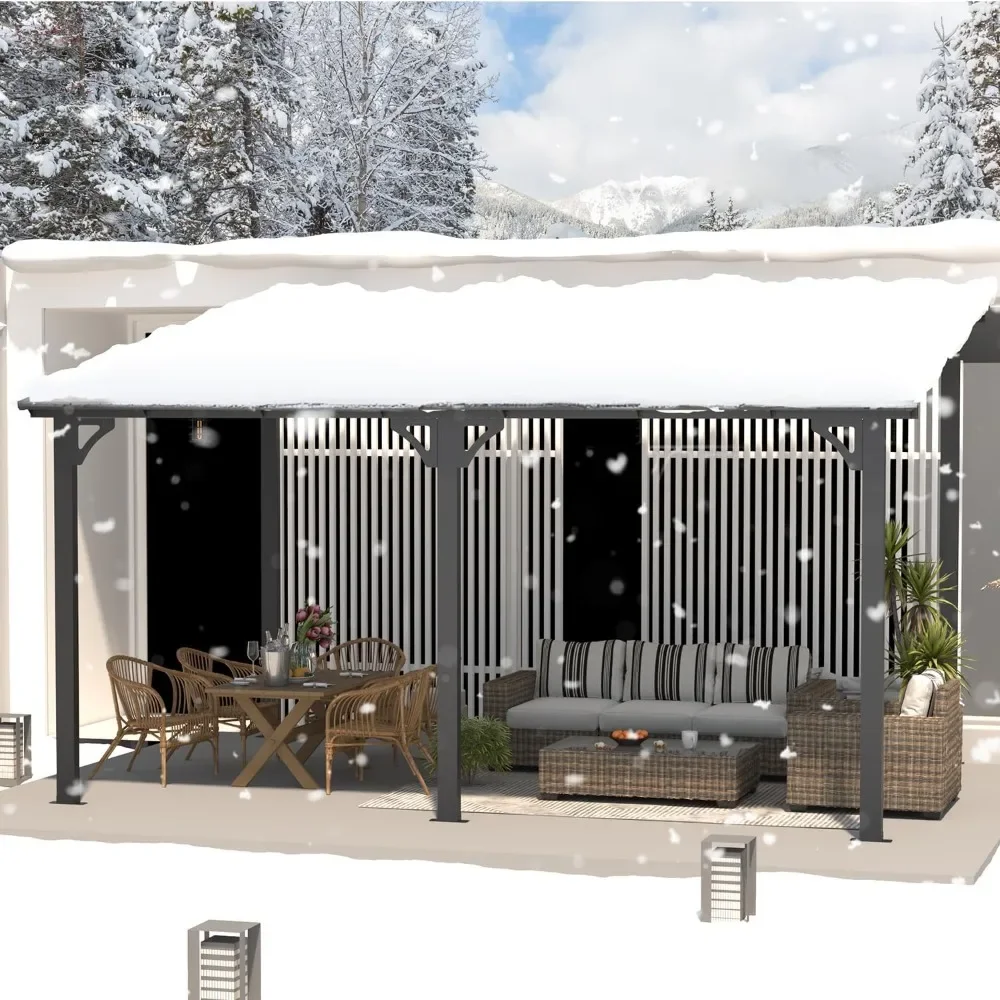 

14' x 10' Gazebo for Patio, Hard Top Lean-to Gazebo Pergola with Roof (140 Sq.Ft Shaded), Large Wall-Mounted Heavy-Duty Awnings
