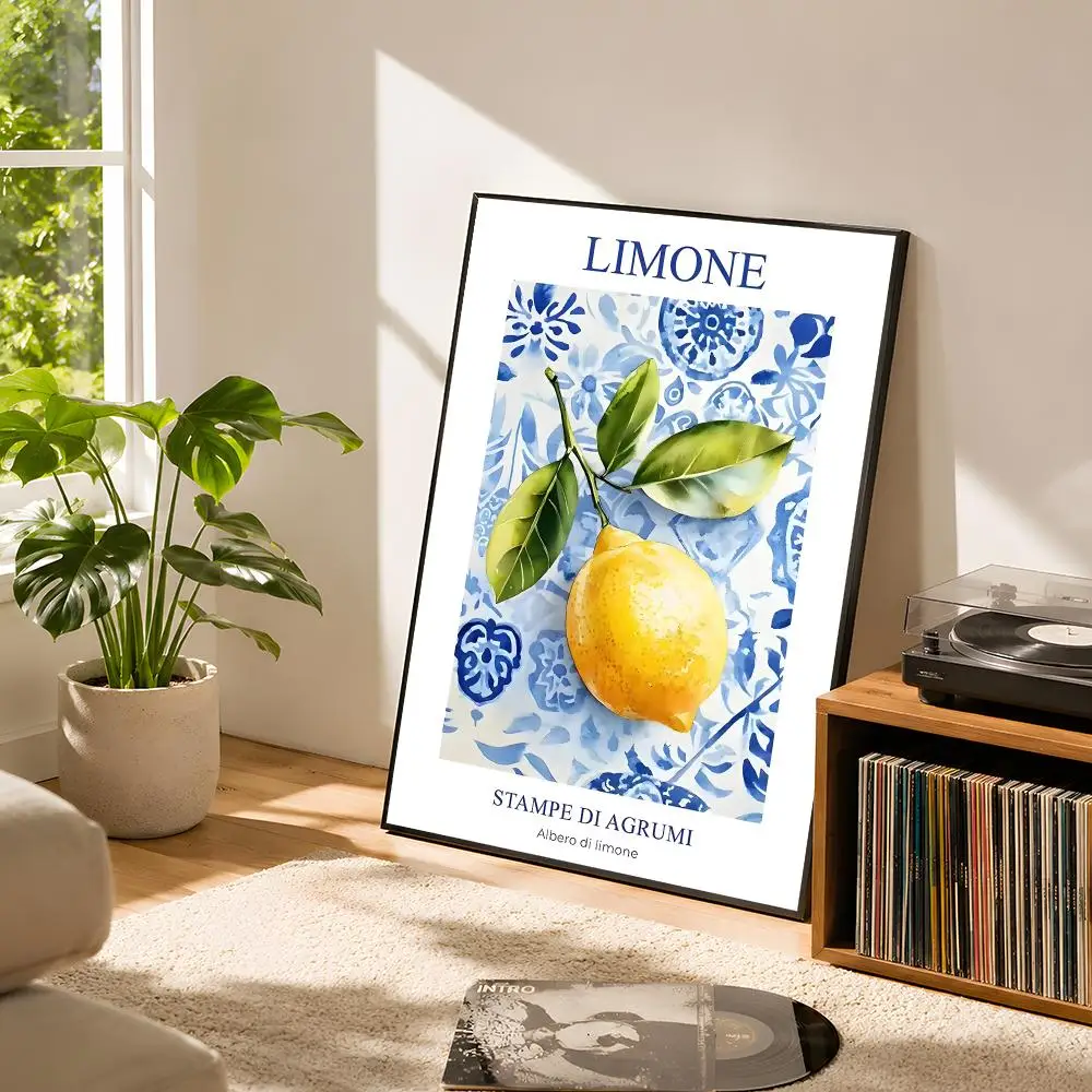 Retro Lemon Garden Fresh Lemon And Olive Tree Poster Self Adhesive Matte Wall Art Removable Home Room Decoration