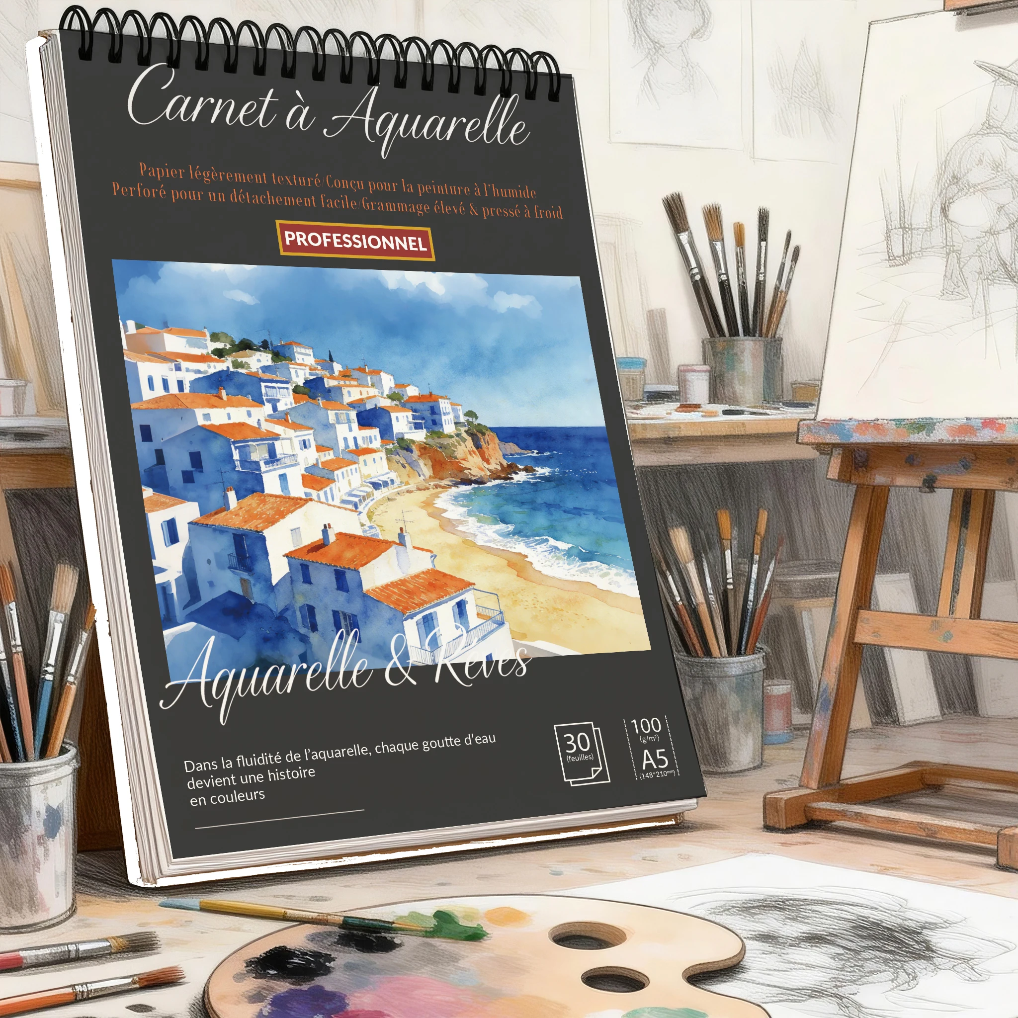 Spiral Bound Art Sketch Book A5, Black Hardcover Coastal Greek Village Print, 100 GSM Acid-Free Pad – For Artists & Students, Ba