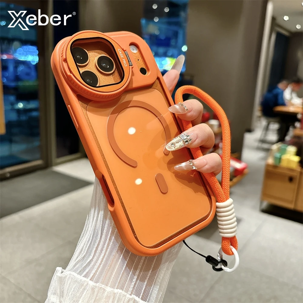 Objektivschutzhülle für iPhone 17, 16, 15, 14, 13, 12, 11 Pro Max Plus Air für Magsafe-Halter, transparent, magnetisch, matt, Lanyard-Abdeckung