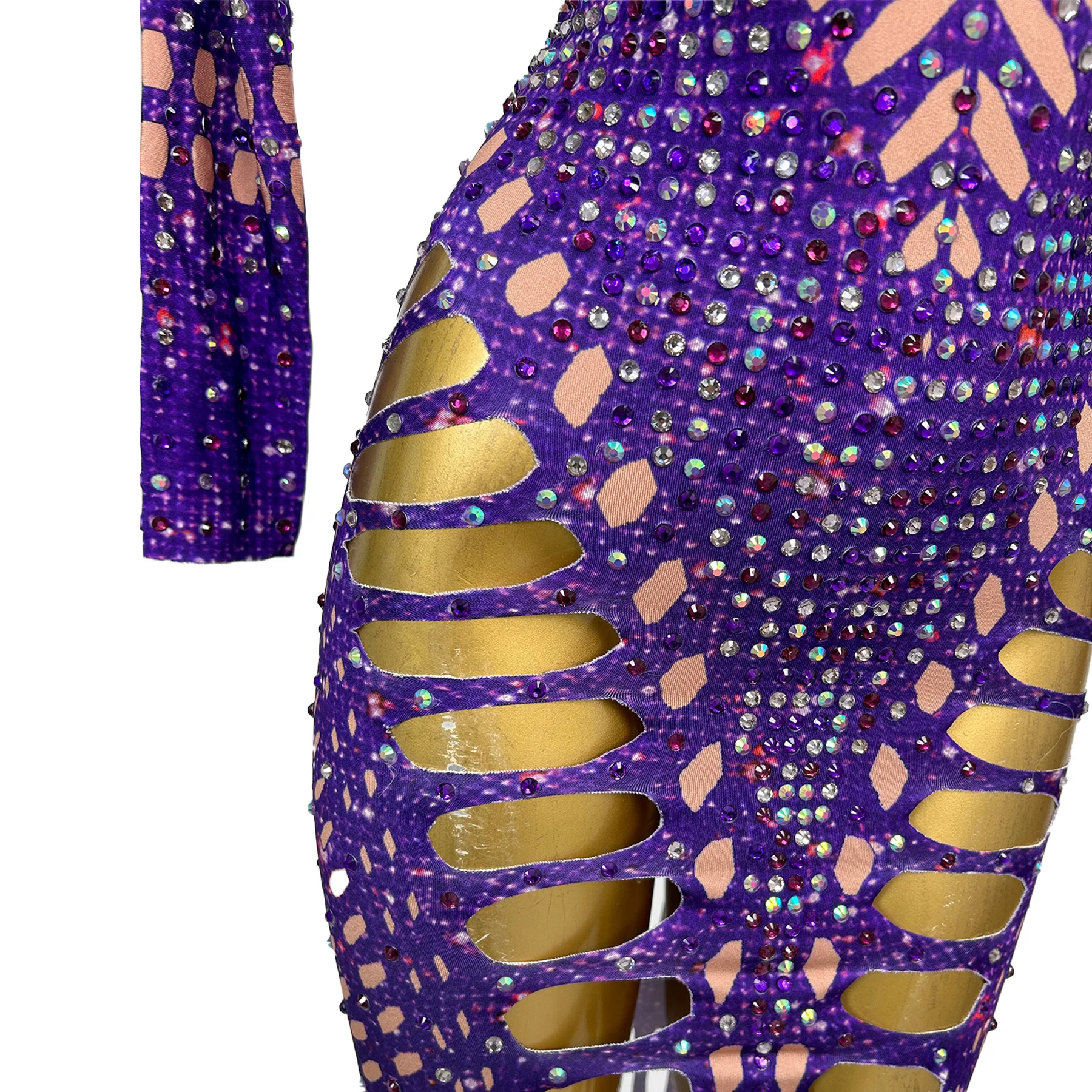 

Sexy Women Deep V Neck Purple Hollow Out Long Dresses Sparkly Rhinestone Spandex Evening Gown Club Bar Photo Shoot Wear Zidong
