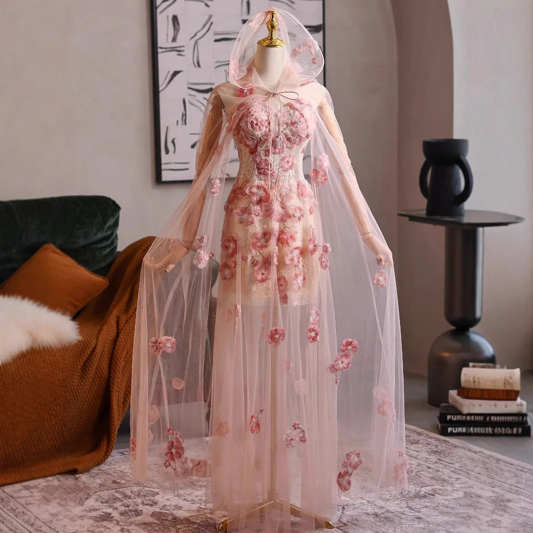 Banquet Pink Evening Dress Colored Mesh Temperament Entry Niche Engagement Toast Dress Beautiful Three-Dimensional Applique