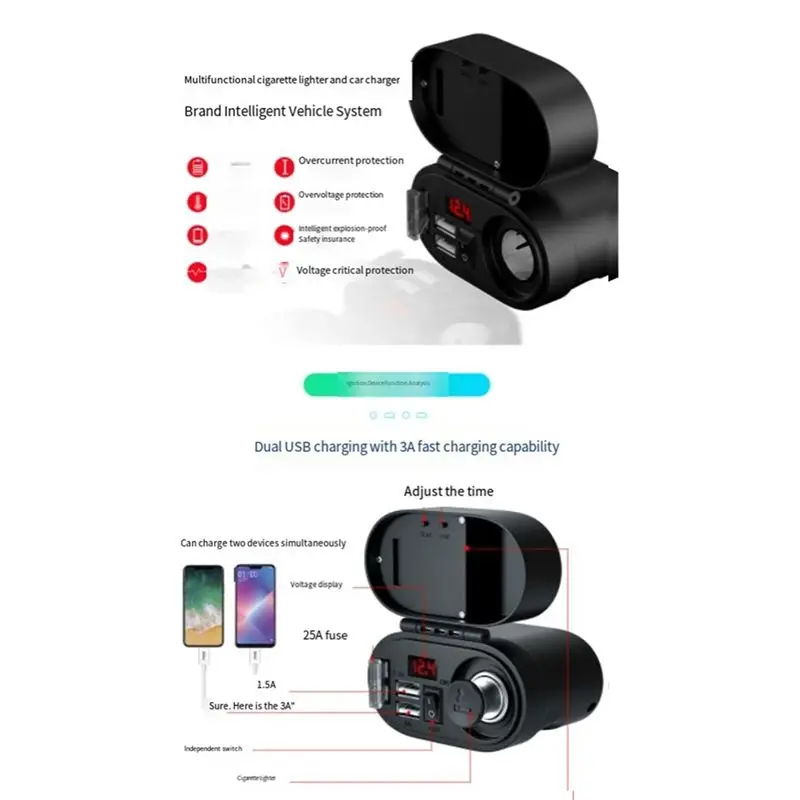 AEE5-Motorcycle Waterproof Cigarette Lighter Socket Kit Dual Moto Usb Power LED Voltmeter Time Display For Boat ATV