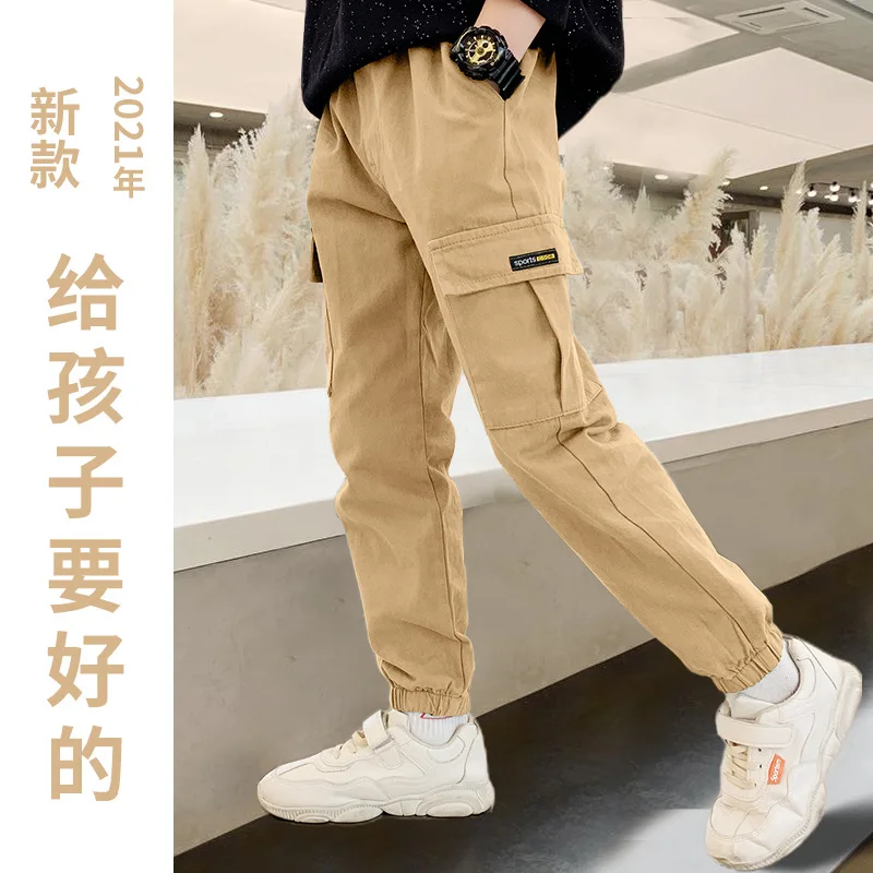 

Brand Spring Khaki Trousers Summer Solid Color Men's Sports Hairband Belt Casual Pants Mid Waist Children's Clothing Fashion