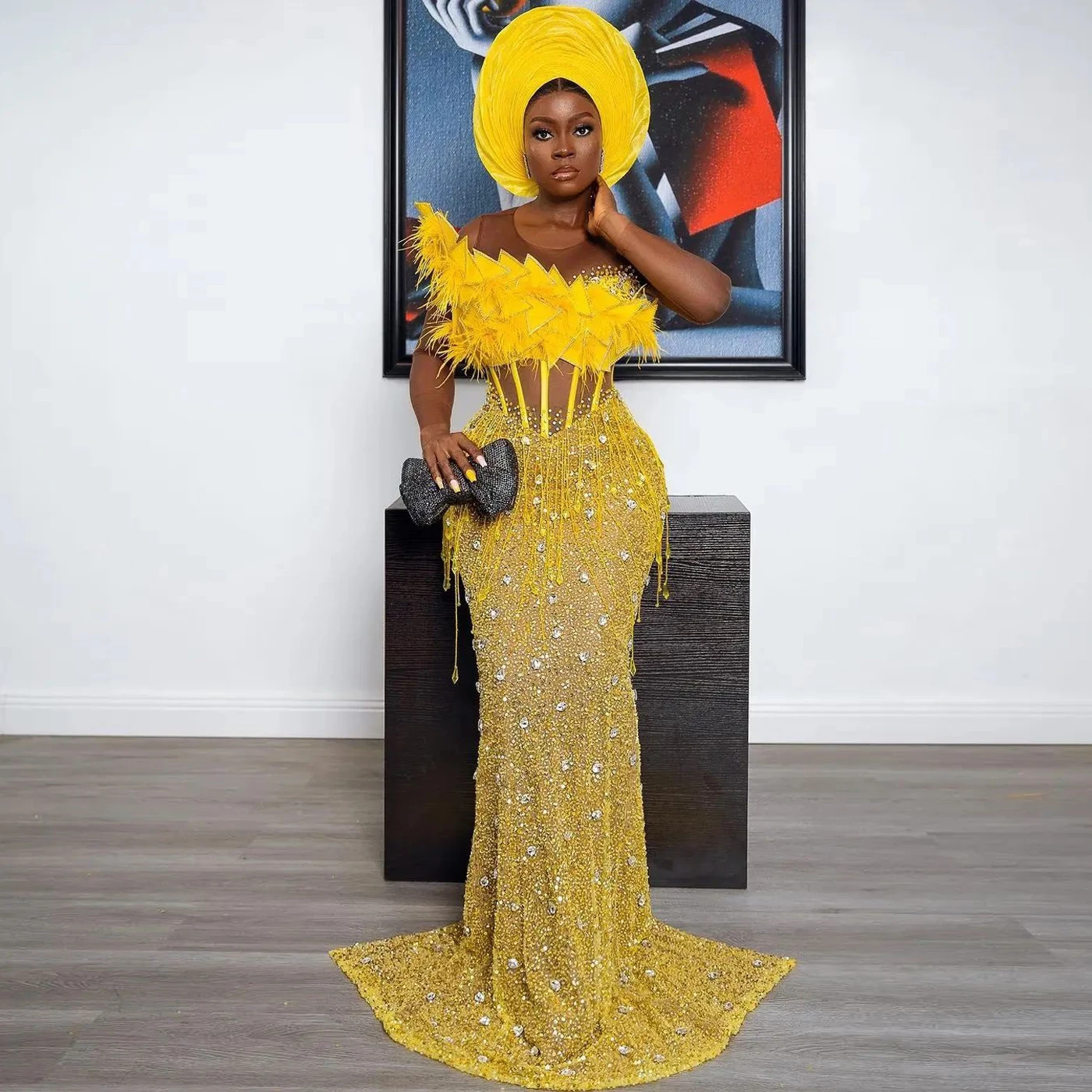 Stunning Yellow Beaded Crystals African Prom Dresses Customized Ruffled Feather Mermaid Evening Gown African Formal Dress Ankara