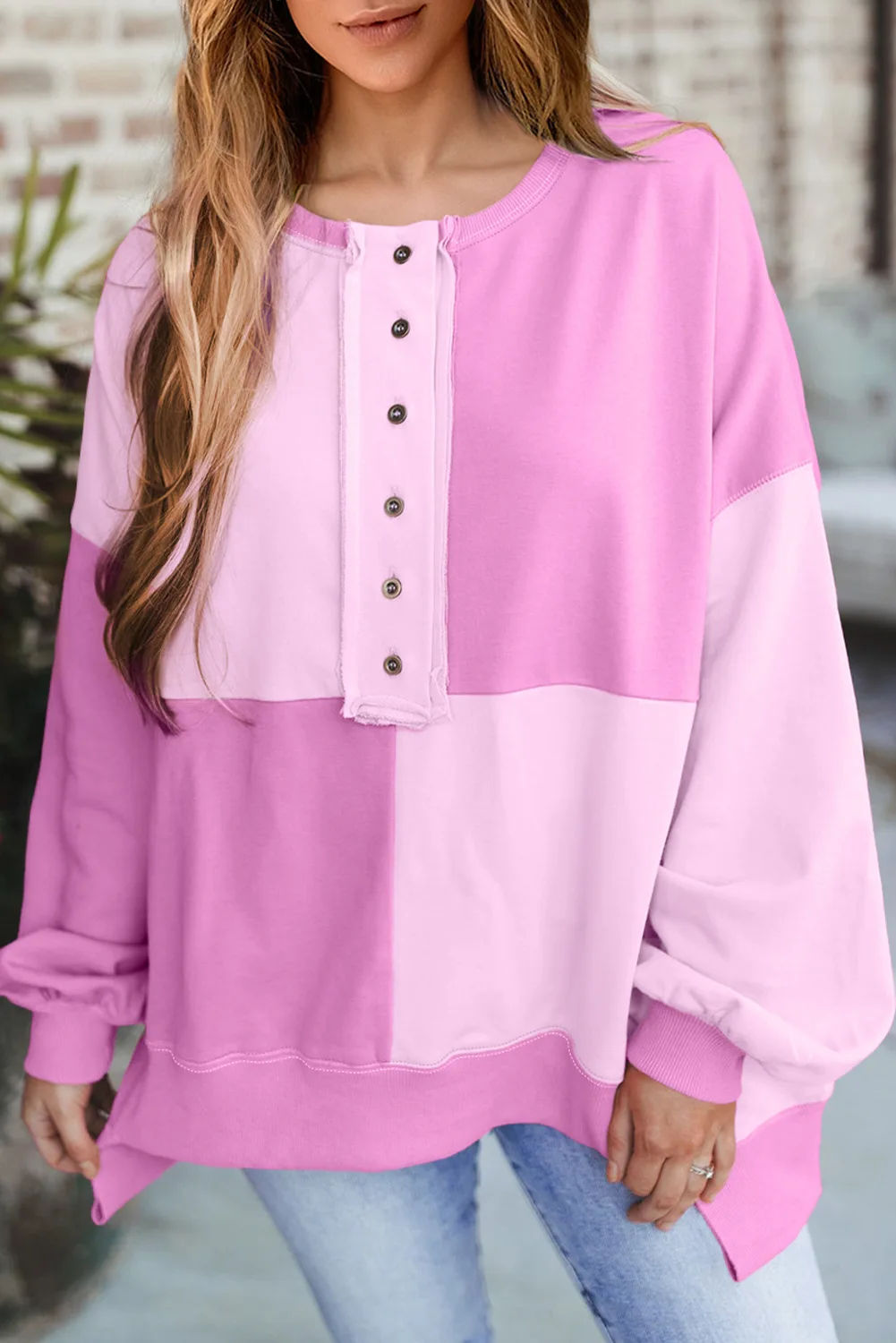 

Casual Spliced Sweatshirt Loose O-neck Button Long Sleeve Contrast Color Asymmetric Pullover Top Autumn Fashion Women New Style