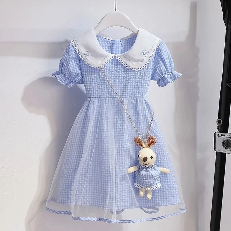 

3-12Y Girls Summer Short Sleeve Dress 2023 New Children's Pink Girls Doll Neck Plaid Princess Dress Summer Dress