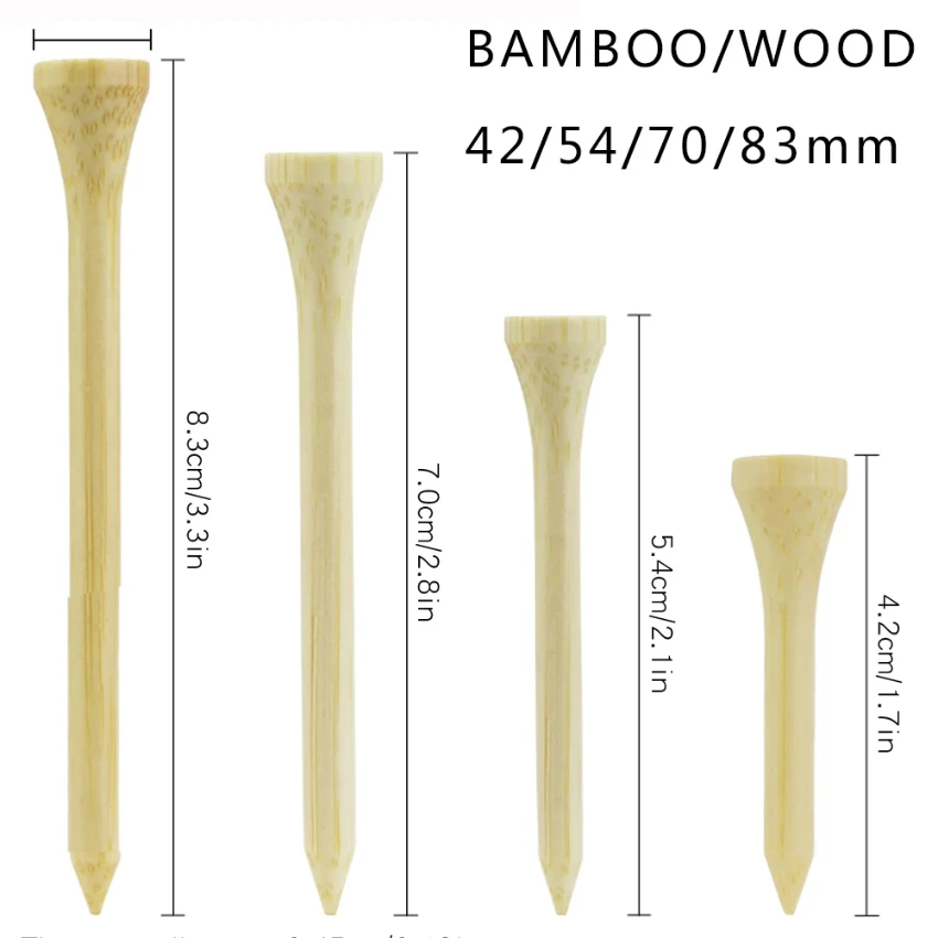 Bamboo Golf Tee para bolas, suporte de bolas, disponível mais forte do que a madeira, 42mm, 54mm, 70mm, 83mm, 100 Contagem por saco, 4 tamanhos