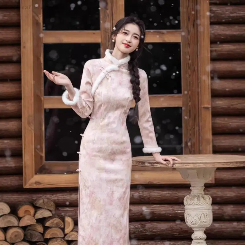 

Lady Elegant Qipao Winter New Print Flower Cheongsam Thicken Traditional Mandarin Collar Chinese Style Dresses Long Vestidos