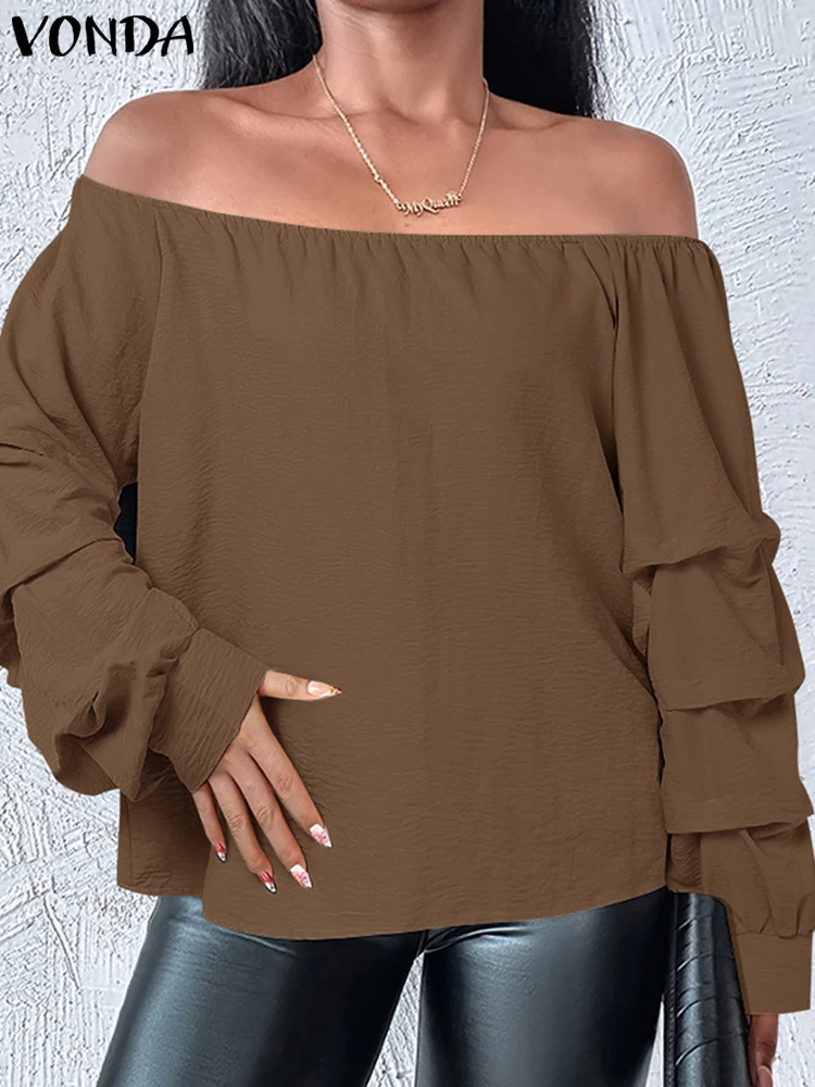 2024 Fashion Long Sleeve Off Shoulder Shirts VONDA Women Elegant Blouse Streetwear Solid Lantern Sleeve Tops Oversized Blusas