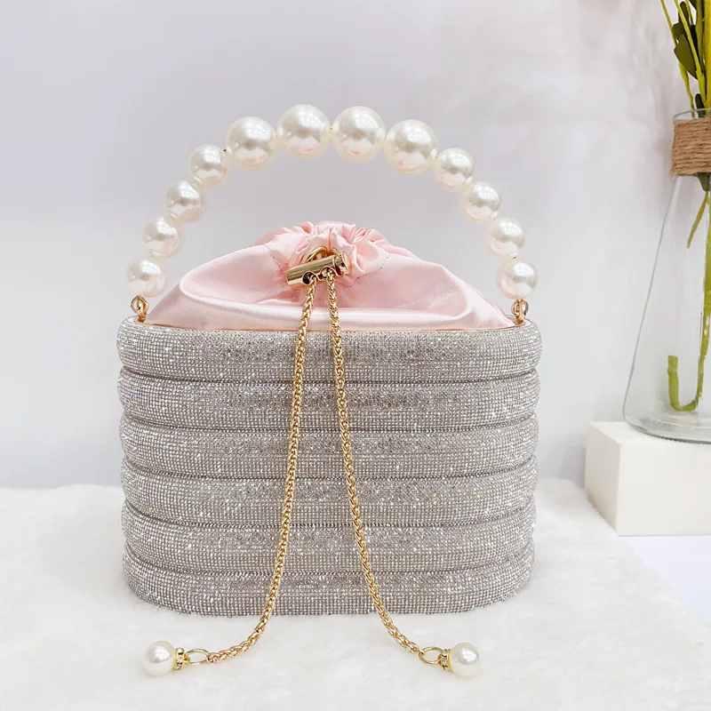 Pearl Handle Colour Crystal Evening Clutch Bags Luxury Designer Women Rhinestone Metal Cage Purses And Handbags Wedding Party