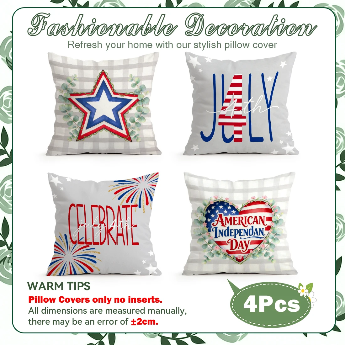 4Pcs Independence Day Heart Cushion Covers Single-sided Printed 40/45/50CM Throw Pillow Case Cover Sofa Cushion Home Room Decor