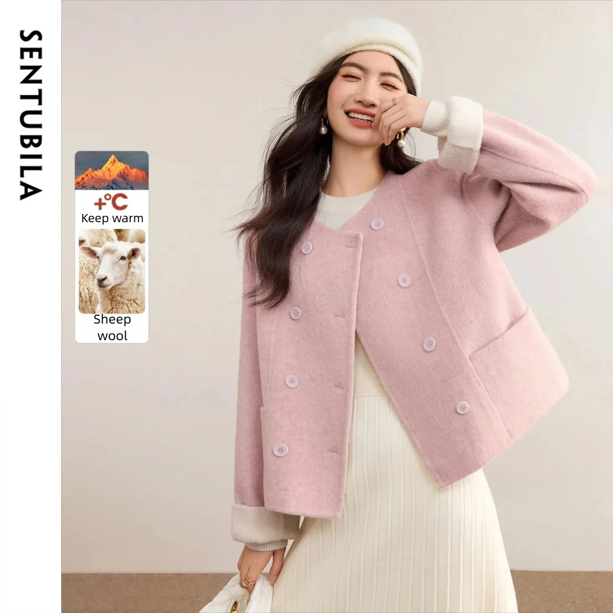 

SENTUBILA Women's Double-Breasted Tweed Coat 2025 Winter New Wool Blend Contrast Color Warm Thick Casual Commuter Top W54OG2436