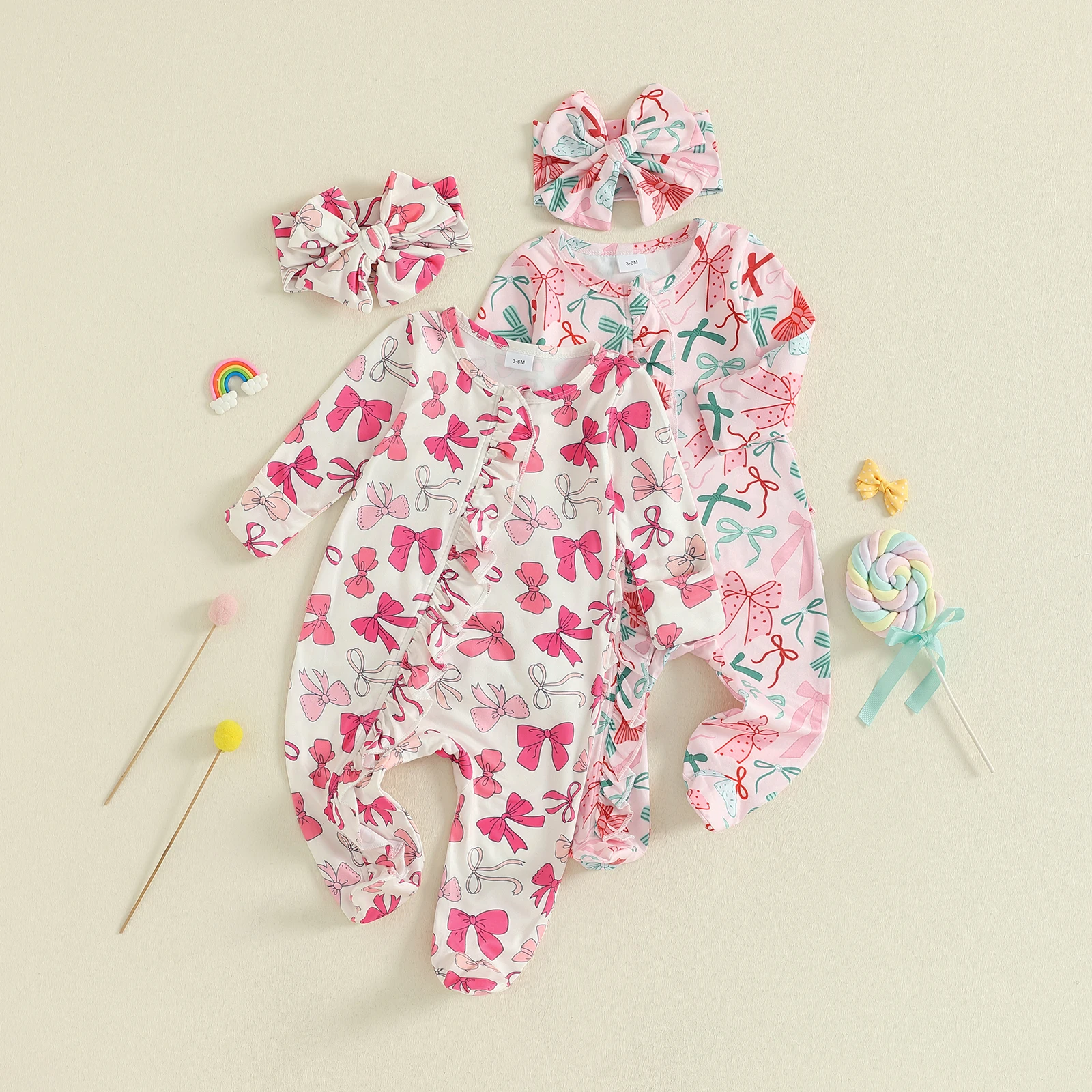 

Комбинезон Tregren для новорожденных девочек 0-12 месяцев, милый комбинезон с бантом и длинными рукавами, круглым вырезом и оборками для младенцев, с повязкой на голову