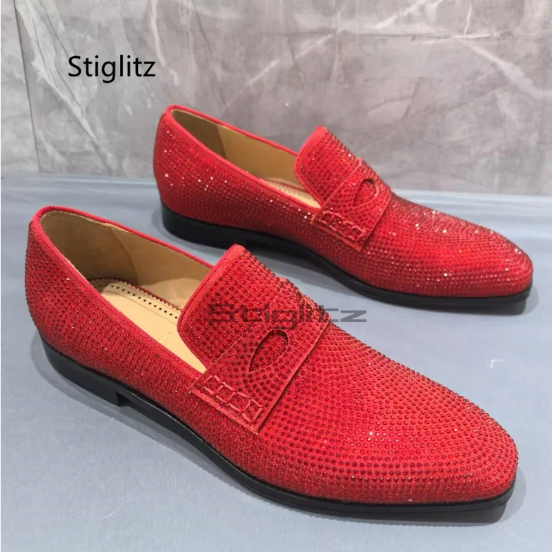 

Bling Red Rhinestone Wedding Shoes for Men Small Square Toe Loafers Casual Slip On Men's Shoes Spring Autumn Luxury Single Shoes