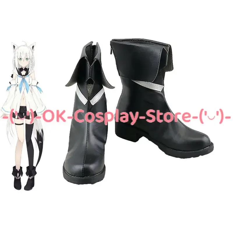 Shirakami Fubuki Cosplay Shoes Youtuber Vtuber Cosplay Boots Halloween Carnival Prop Black PU Leather Shoes Custom Made