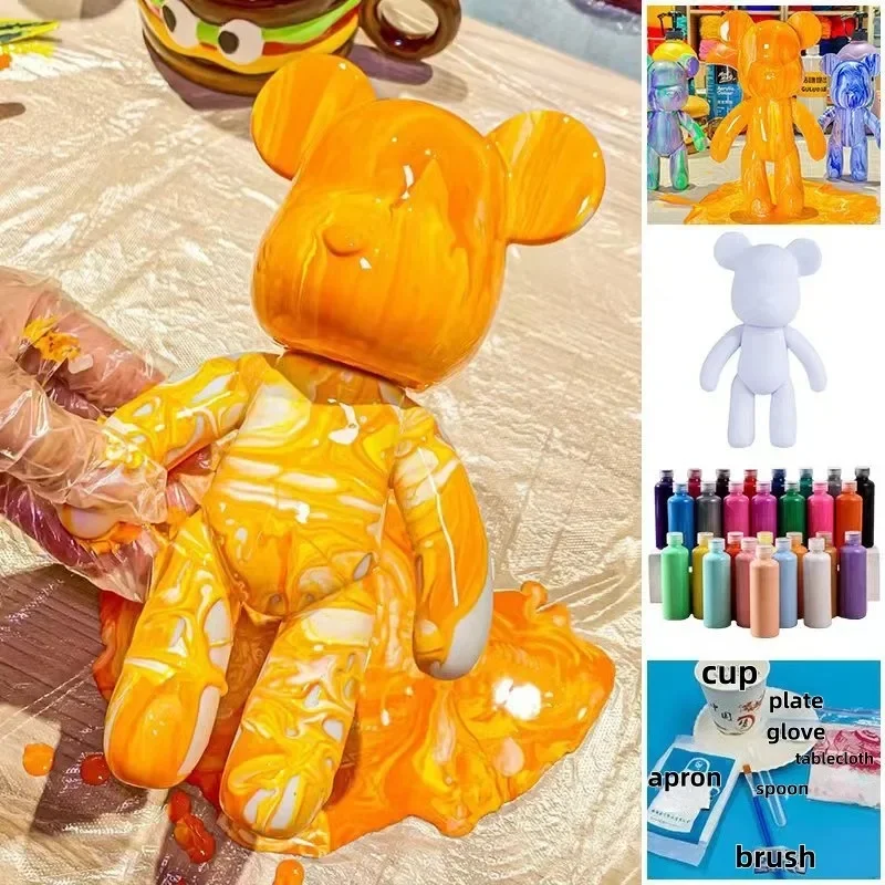 23cm DIY Fluid Bear White Blank Vinyl Figurine Hand Paint Pouring Art Bear Sculpture Desktop Ornament Home Decoration Creative