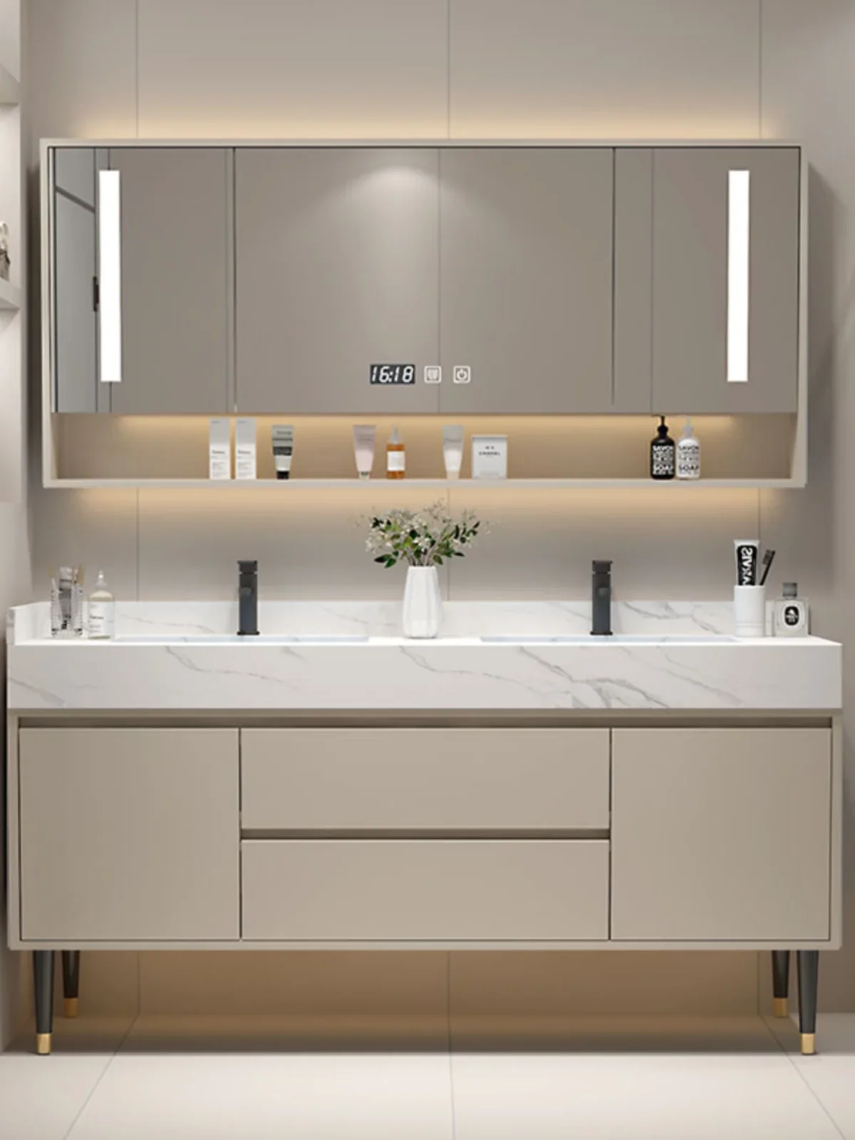 

Slate seamless integrated double basin bathroom cabinet combination modern simple bathroom washstand hand washbasin cabinet