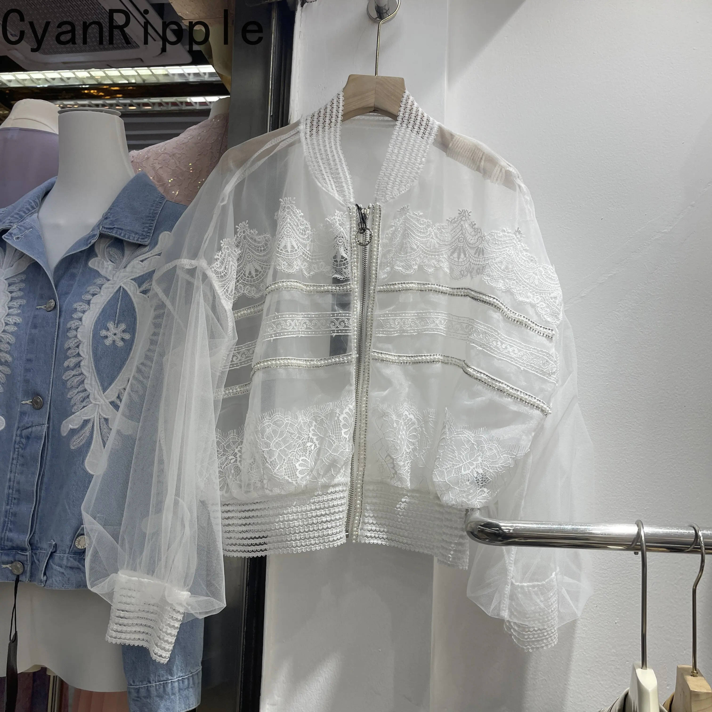 

2026 New Summer Embroidery Organza Sunscreen Shirts Jacquard Stand Collar Zip Cardigans Coat Long Sleeve Casual Thin Jackets