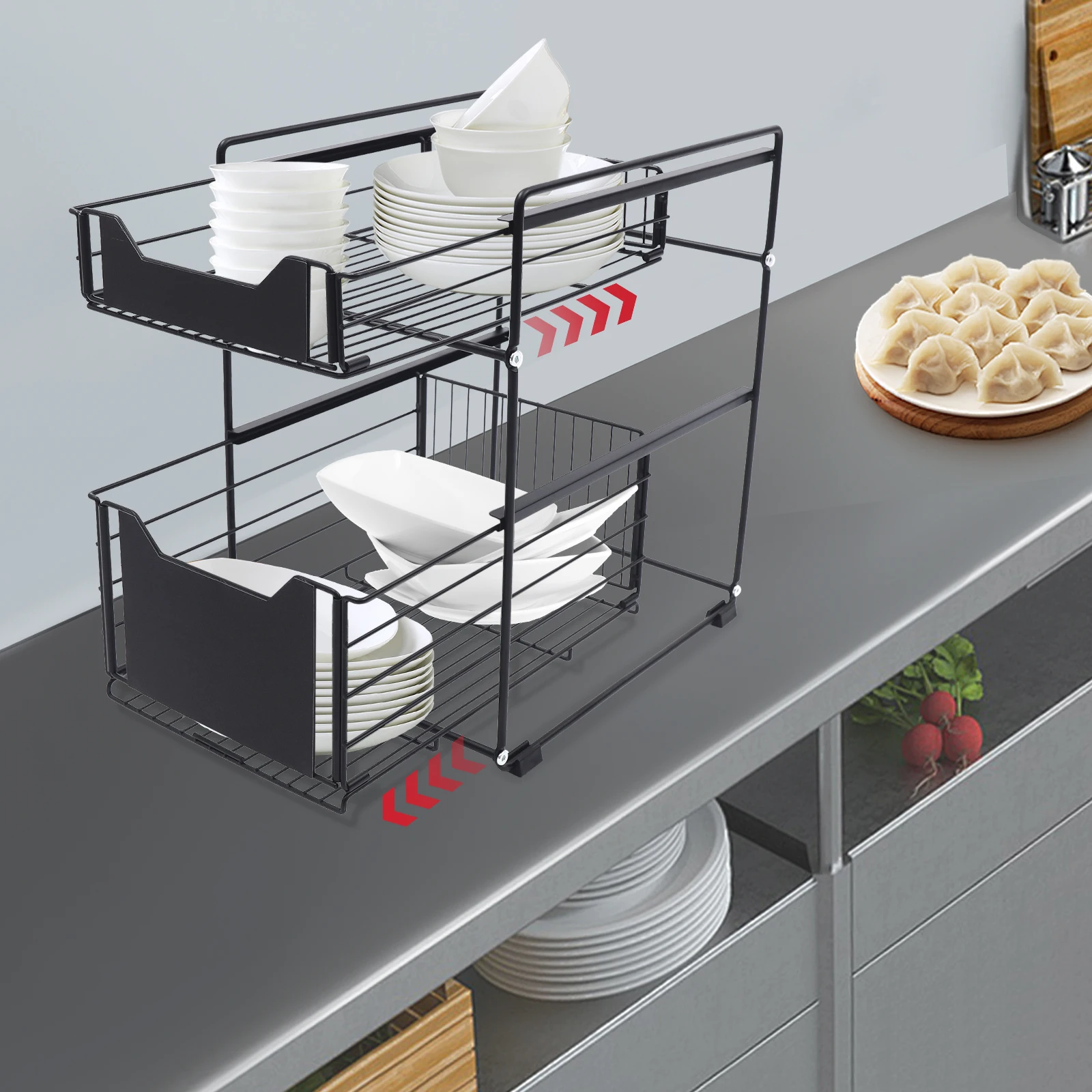 2-stufiges Lagerregal aus Kohlenstoffstahl, platzsparender Küchen-Organizer, starke Tragfähigkeit – Detail 3