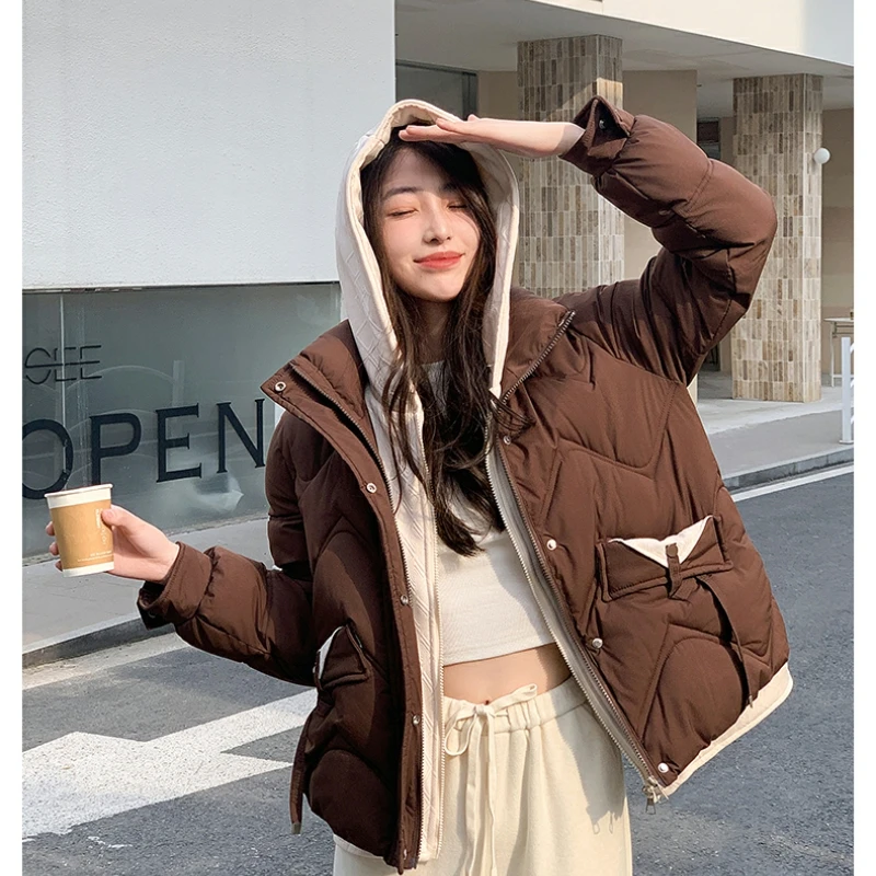 

New Winter Womens Padded Coat Short Hooded Down Cotton Jacket Loose Thick Warm Top Fake Two Piece Parka Bread Streetwear Outwear