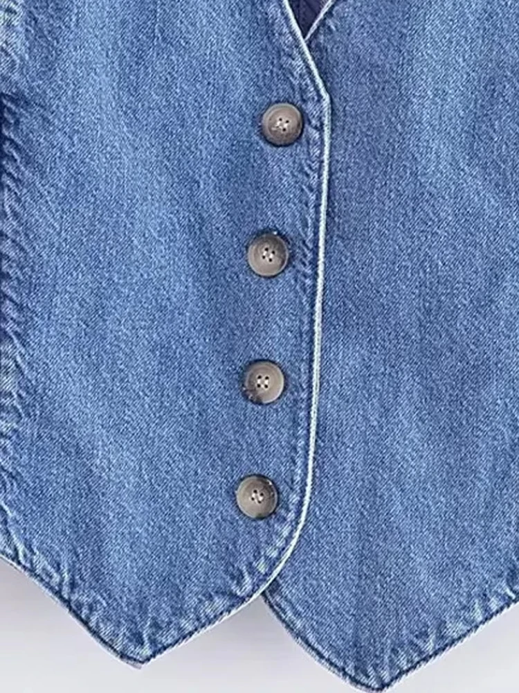 TRZA Women Fashion Front Button Denim Waistcoat Vintage V Neck Sleeveless Female Outerwear Chic Vest Tops image 4