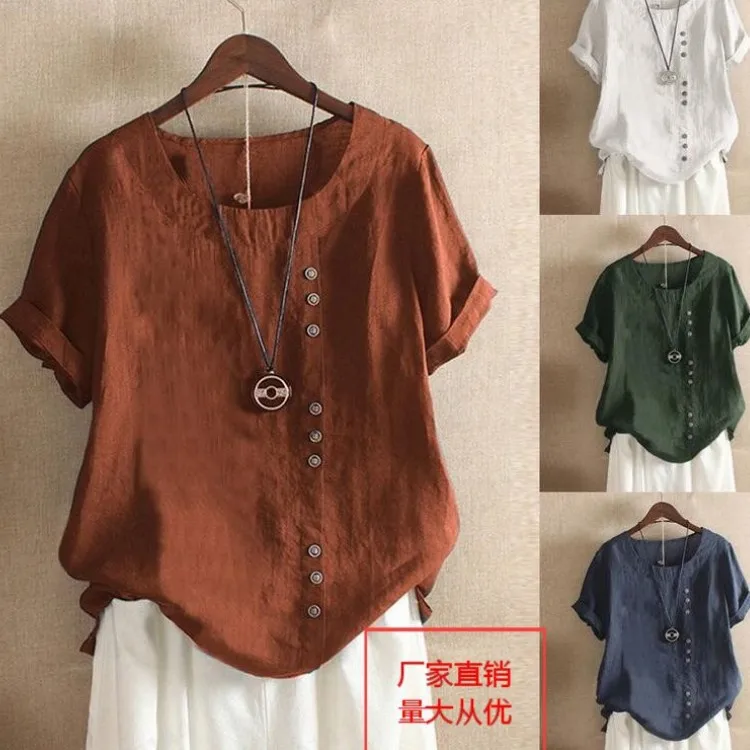 2024 summer women's retro cotton and linen loose short-sleeved casual T-shirt solid color round neck T-shirt cute tops 여성의류