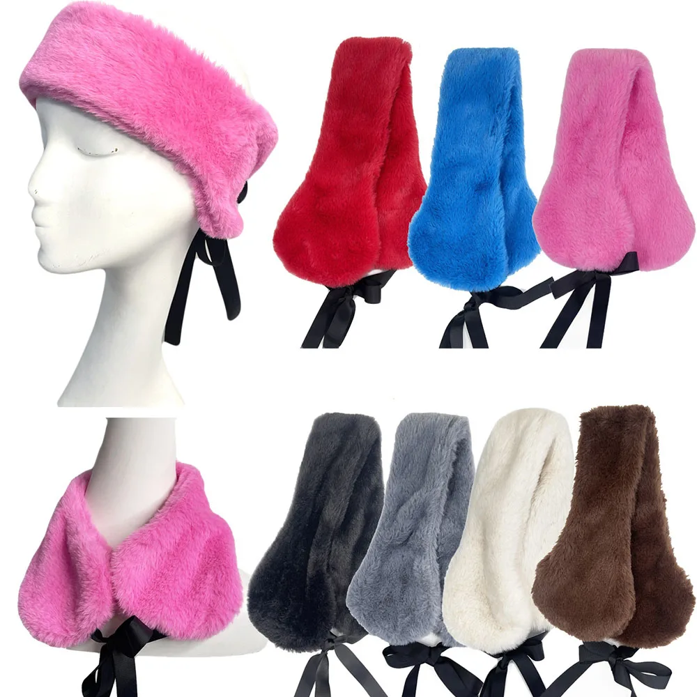 Russian Double-Sided Fluffy Plush Collar Scarf Women Keep Warm Ethnic Style Colorful Lace-up Headband Autumn Winter Ear Warmer