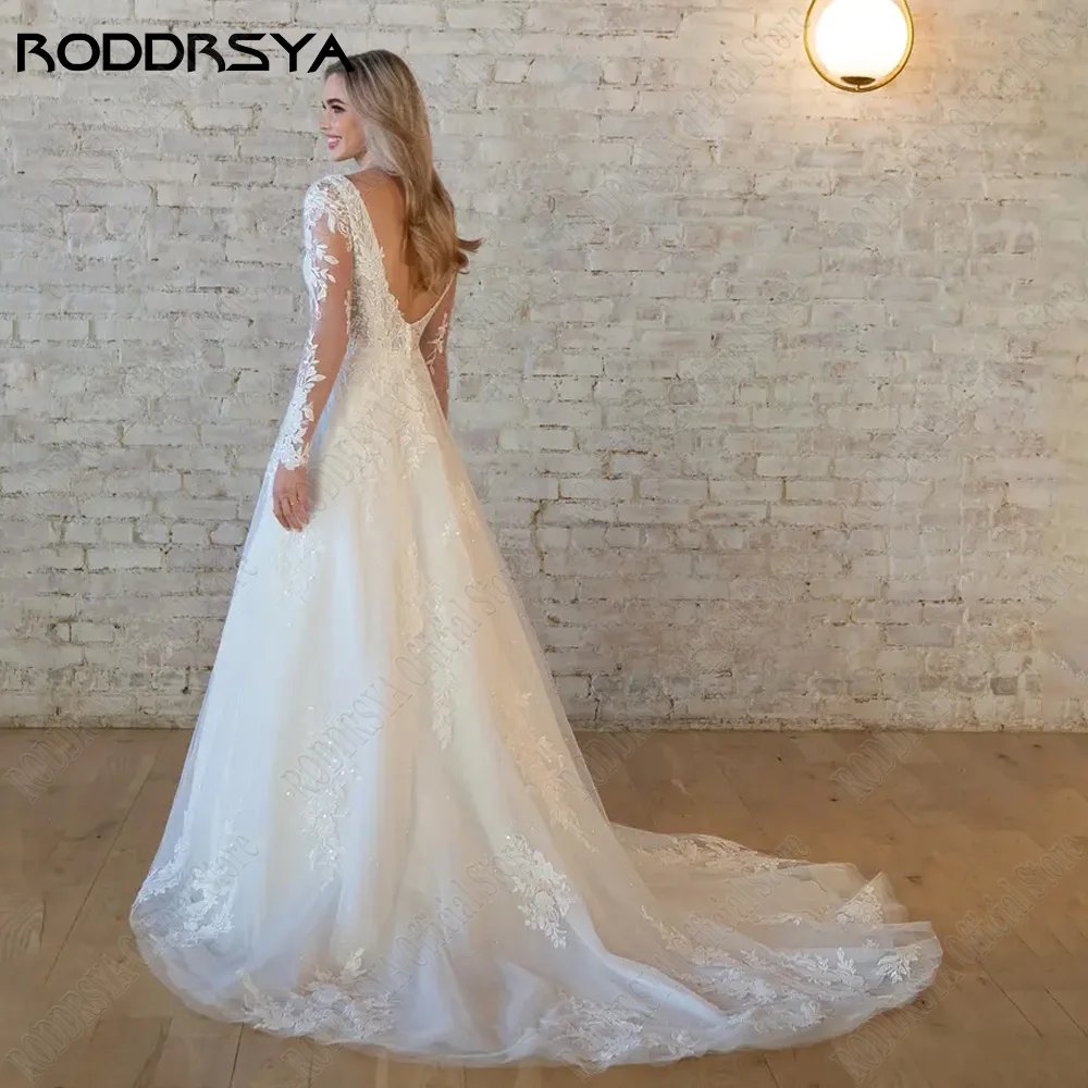 Vestido de novia elegante roddrsya vestido de novia de manga larga con cuello eRODDRSYA-vestido de novia elegante de manga larga con cuello en V, vestidos de novia sin espalda, apliques de encaje, línea A, talla grande