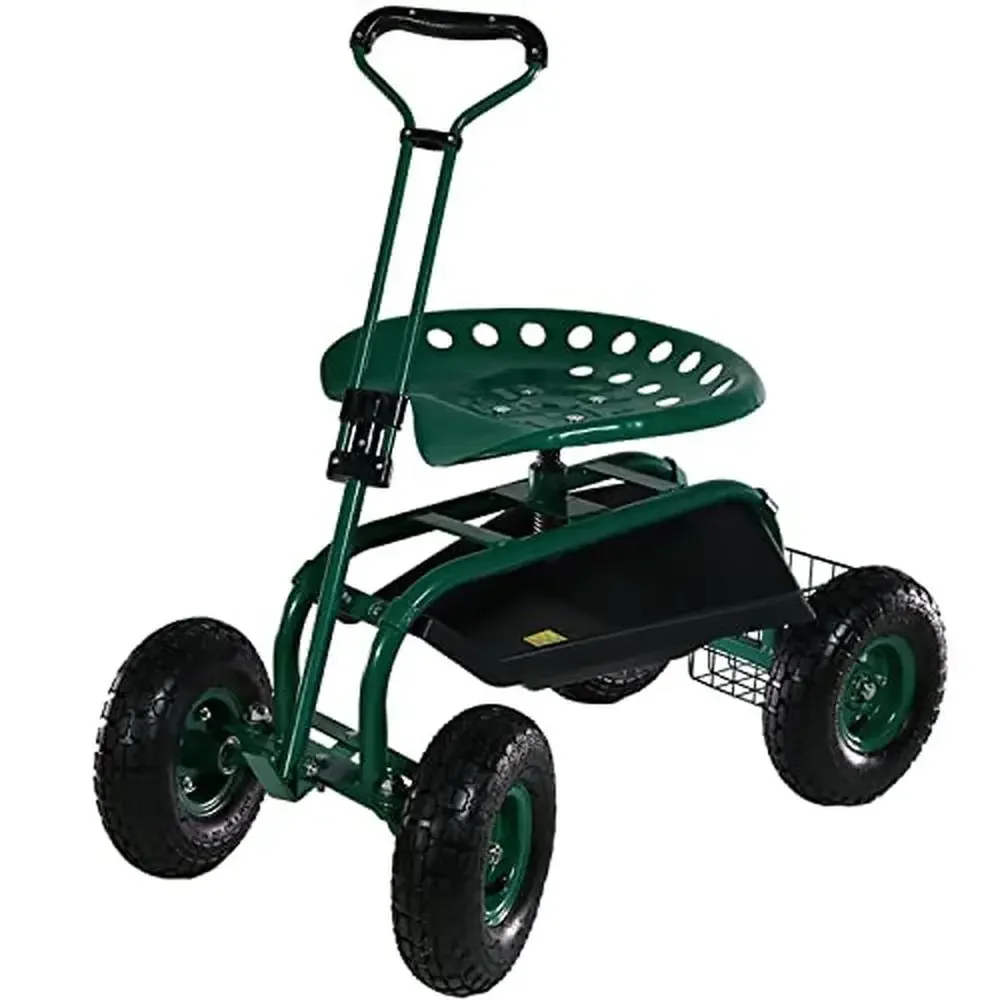 

Garden Rolling Scooter Cart Extendable Steering Handle Swivel Seat Utility Basket Alloy Steel 300lb Capacity Landscaping Farm