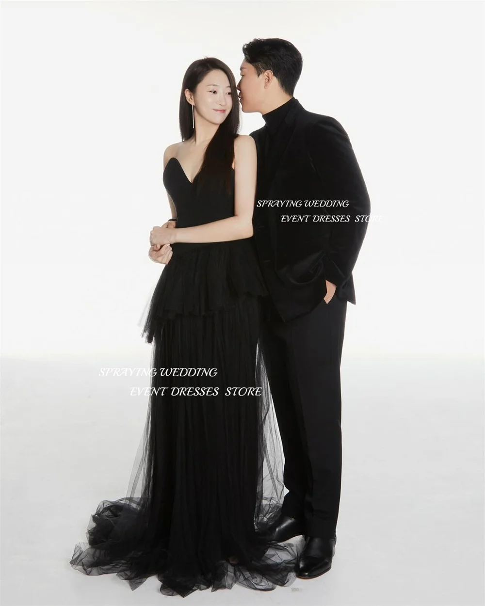 TULX noir Tulle robe de soirée chérie Corset corée mariage Photo Shoot robe droite longue à plusieurs niveaux robe de soirée personnalisée