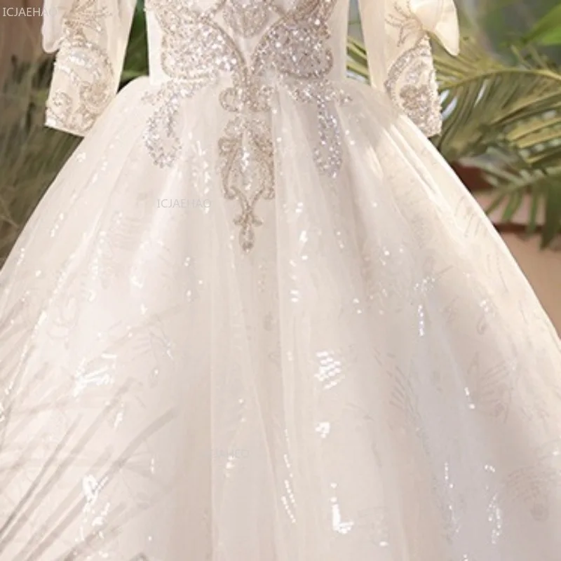 New Girls White Flower Girl Wedding Dress Children Middle Sleeve Puffy Performance Pageant Formal Princess Party Gown for Host view 5