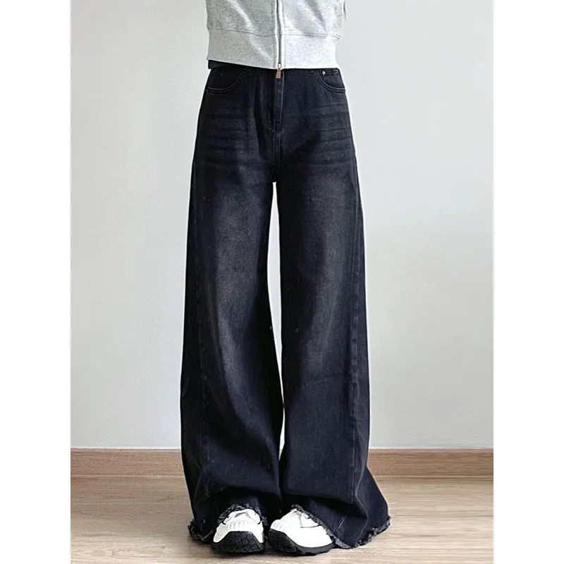 

Loose Wide Leg Men's Jeans High Waist Long Pants Vintage American Retro Frayed Hem Floor-Length Bell Bot Summer Trend