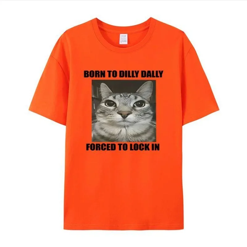 Dilly Dally Forced To Lock in Cat Pure Cotton Printed Personalized Short Sleeved New Men's and Women's Fashionable T-shirt