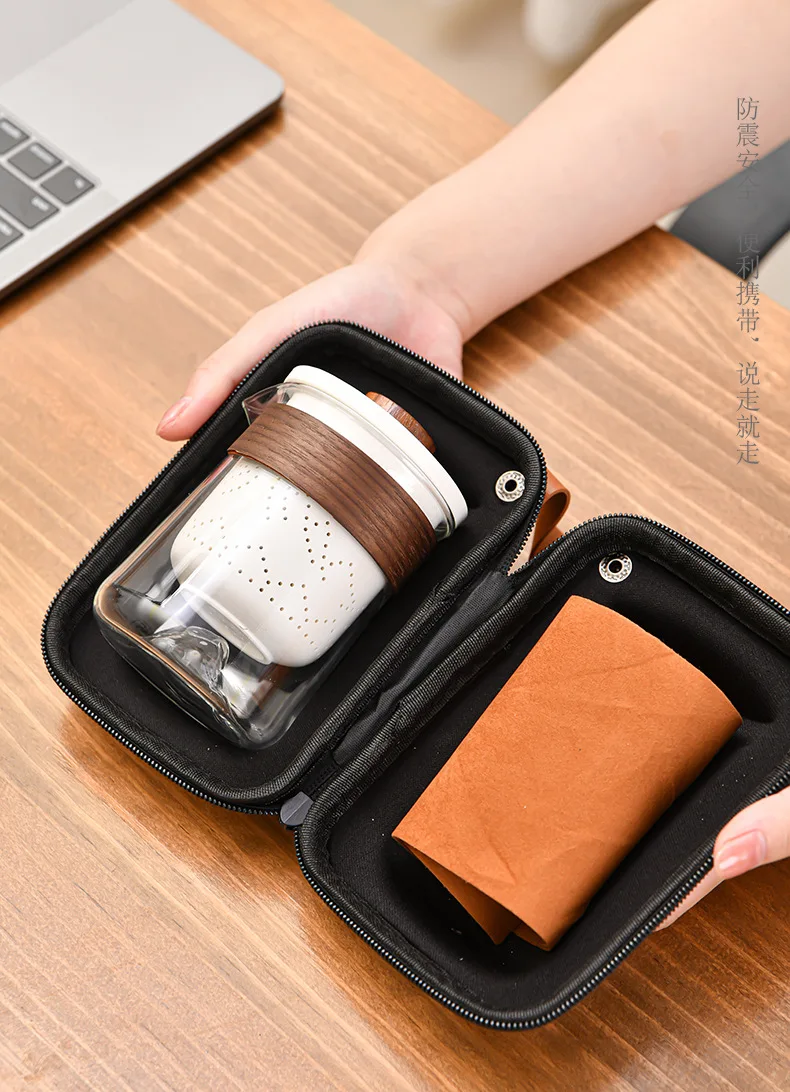 

Дорожный чайный сервиз Портативный керамический + стеклянный чайный сервиз с 3 чашками Портативный уличный дорожный чайник Чайник Gongfu с деревянной ручкой