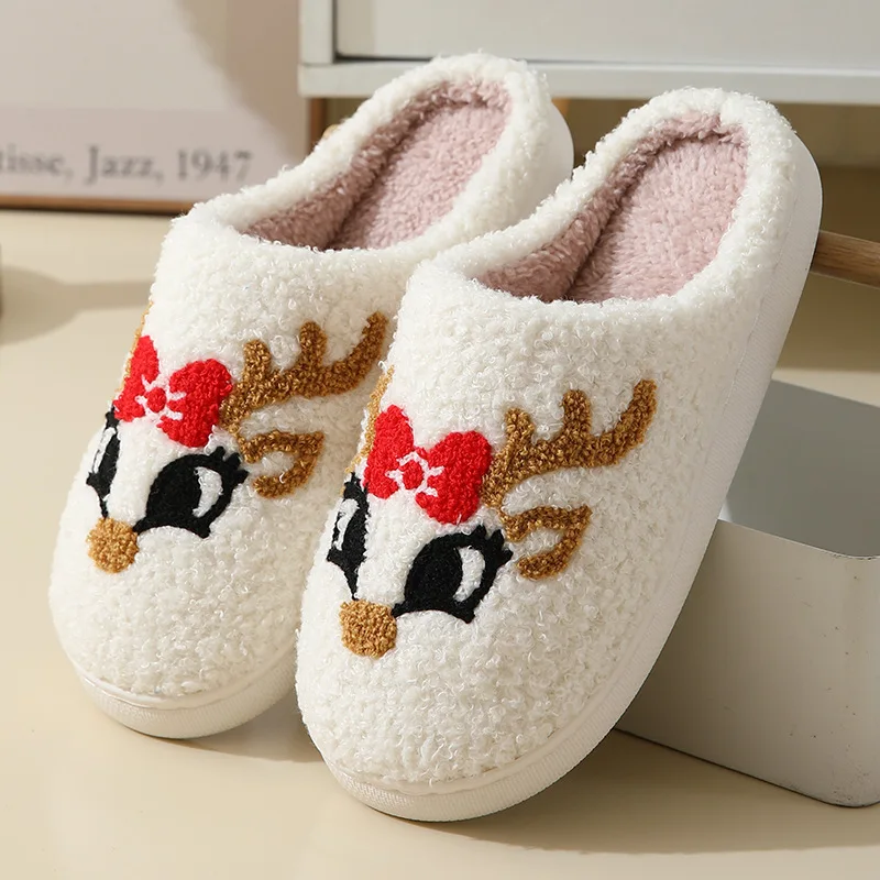 Eyriphy-Pantoufles Chaudes Bouclées en Coton et Peluche pour Femme, Chaussures Plates et Douces de Noël pour Chambre à Coucher