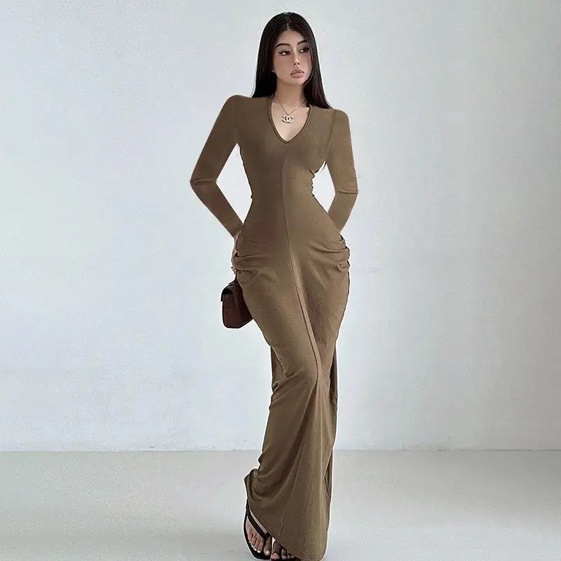 

Slimming V-ne Pleated Waist-cinching Dr Sweet-and-Spicy Sle High-waisted Wrap Dr Long Sve Busin Casual Dr