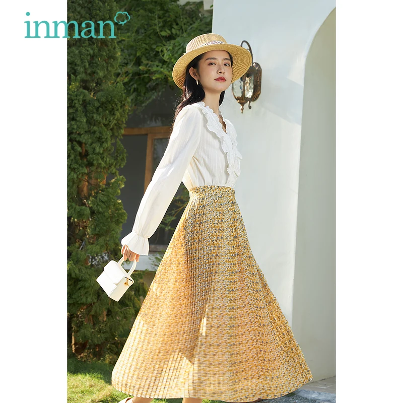 INMAN Spring Women\'s Skirt A-line Casual Pastoral Floral Print Pleated Long Skirts Women Elegant Versatile Skirt Korean Fashion